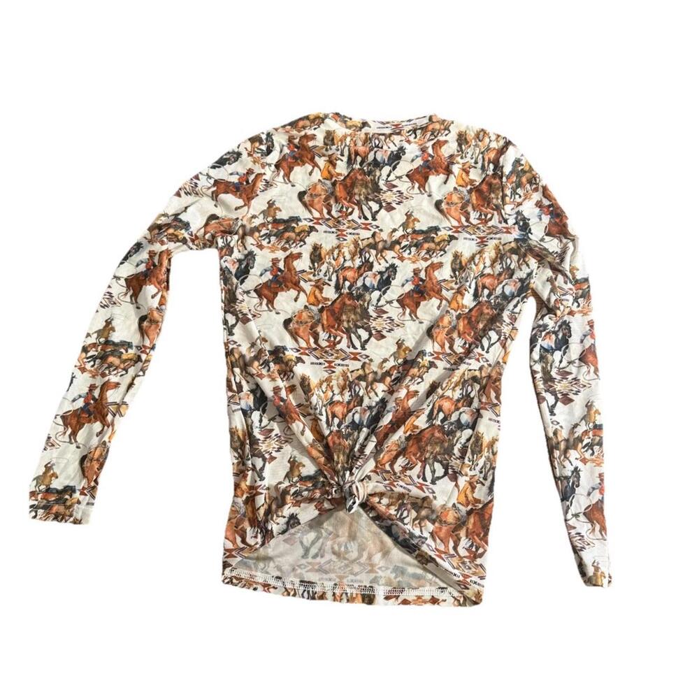 Janz Brand Women’s Small Western Style Mesh Top Horsing Around Cowboy Print - Picture 4 of 6